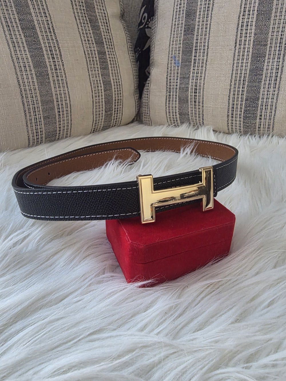 Dark Leather Belt with Gold H Buckle